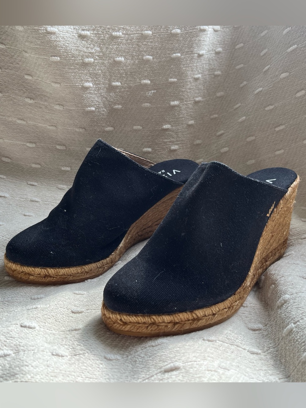 Black Canvas Viscata Wedge Mules